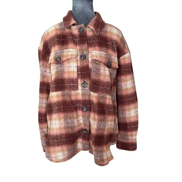 BP. Womens Plaid Button-Up Shacket S Brown/Beige Polyester/Cotton Blend - Picture 2 of 7